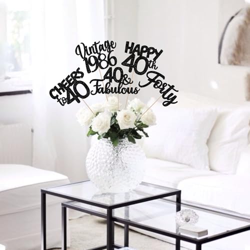 Image of 15 PCS Black 40th Birthday Centerpiece Sticks Forty Happy 40th Vintage 1986 Table Flower Centerpieces Sticks Cheers to 40 Fabulous Floral Decorations for 40th Birthday Party Centerpieces Supplies