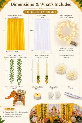 Image of Divyakosh Ganpati Decoration Set (15 Pcs) for Home, Ganesh Chaturthi Backdrop, Ganesha Setup Fabric Garlands, LED Lights, Dahlia Flowers & Elephant Diya