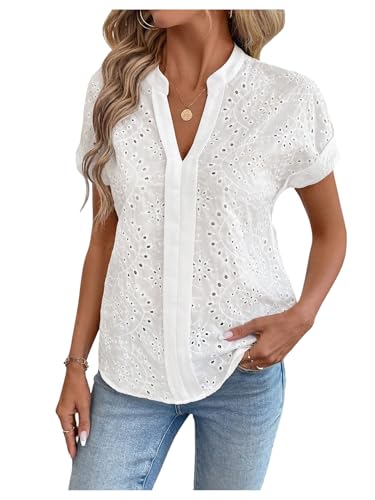 SweatyRocks Women's Boho Summer Blouses Eyelet Embroidery Dolman Short Sleeve V Neck Tops