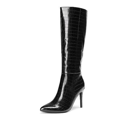 DREAM PAIRS Knee High Boots for Women, Sexy Pointed Toe Stiletto High Heel Boots, Fashion & Classic Dress Shoes 7.5 Black-stone