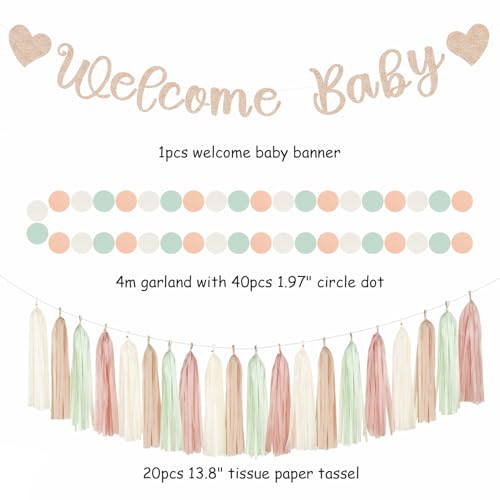 Image of Sage-Green Pink-Beige Baby-Shower Party-Decorations - 36pcs Welcome Home Banner Sign,Girl Paper Lanterns,Neutral Streamers Garland,Boho Tissue Pom Poms Flowers Fans Backdrop Decor Burgleda