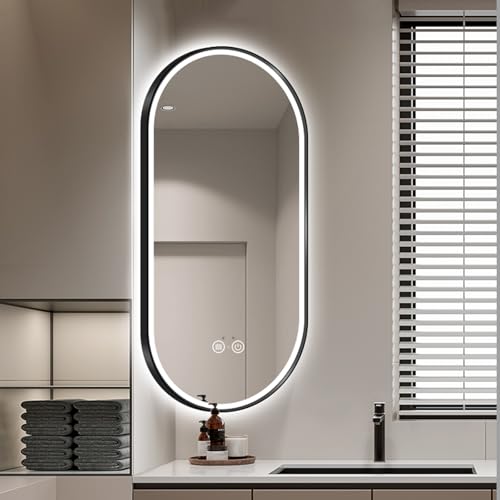 LEDオーバルミラー 40cm x 80cm バスルーム用化粧鏡(360°回転ブラケット付き)厚手メタルフレーム ウォールミラー リビングルーム、バスルーム、寝室に最適、ブラック(40x90CM)