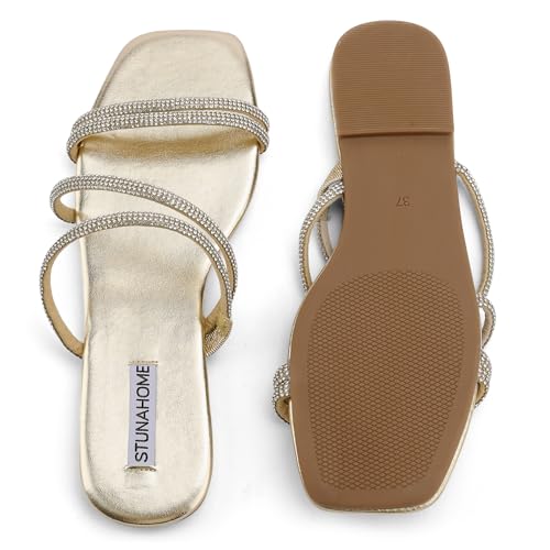 Image of STUNAHOME Women's Rhinestone Thong Flat Sandals Open Toe Slide Sandals with Square Toe Bling Strap