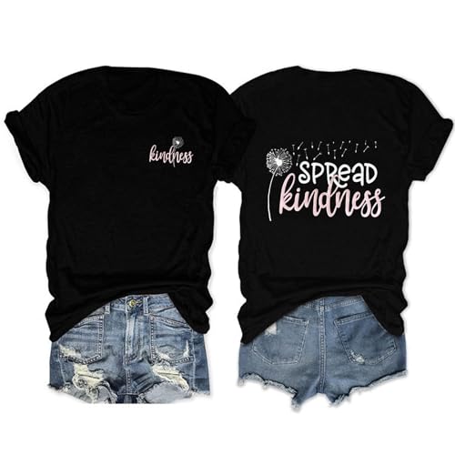 Bwnilimeizn Spread Kindness T Shirt for Women Summer Dandelion Graphic Tees Casual Funny Sayings Letter Printed Cute Shirts Tops(Available in Plus Size) -XL B-Black