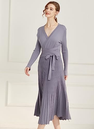 Image of RanRui Womens Winter Fall Pleated Knitted Fit and Flare Long Sleeve Sweater Dress