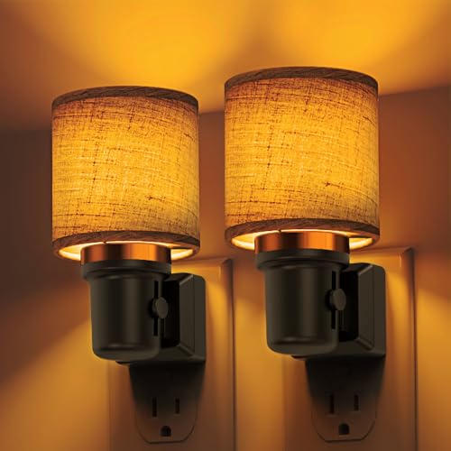 Image of L LOHAS LED Night Lights Plug into Wall, 2 Pack Linen Fabric Cylinder Decor Night Light, Dusk to Dawn Sensor Vintage Nightlight, Amber Warm 0-100LM Dimmable, for Bedroom Living Room Hallway