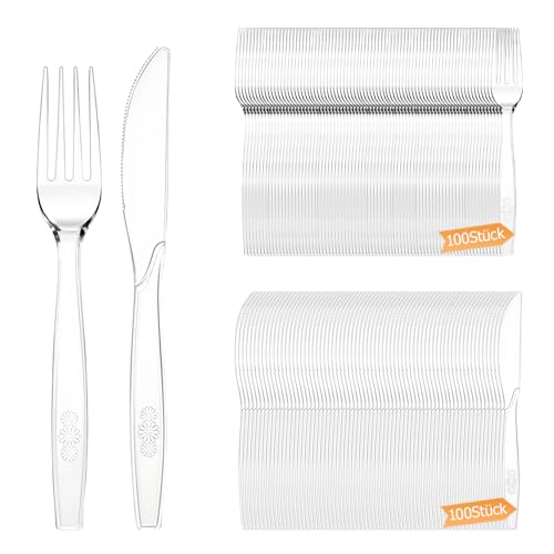 Plastikbesteck, 200 Stück Plastikbesteck Set, 100 Plastikmesser 100 Plastikgabeln party Besteck Wiederverwendbar für Familie Partys Geburtstagsfeiern Hochzeiten Transparent