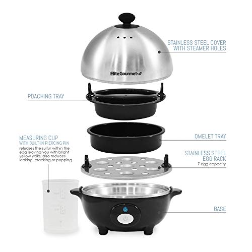 Elite Gourmet EGC-508 Rapid Egg Cooker, 7 Easy-To-Peel, Hard, Medium, Soft Boiled Eggs, Poacher, Omelet Maker, Auto Shut-Off, Alarm, 16-Recipe Booklet, Stainless Steel by Elite Gourmet - Image 3