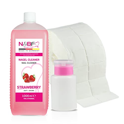 NAILS FACTORY | N&BF All for one Nail Cleaner Fragola Profumo 1000 ml + Dispenser Flacone a pompa (rosa) + 1000 pastiglie (2 rotoli da 500 pezzi) 70% alcool etanolo 1 litro – per unghie in gel