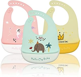 Baogaier Bibs Silicone Baby, 3 PCS Waterproof Weaning Bib for Babies Toddlers with Food Catcher Pocket, Soft Roll Up Easy Wipes Clean Plastic Feeding Bibs for Newborn Girl, Pink Blue Yellow