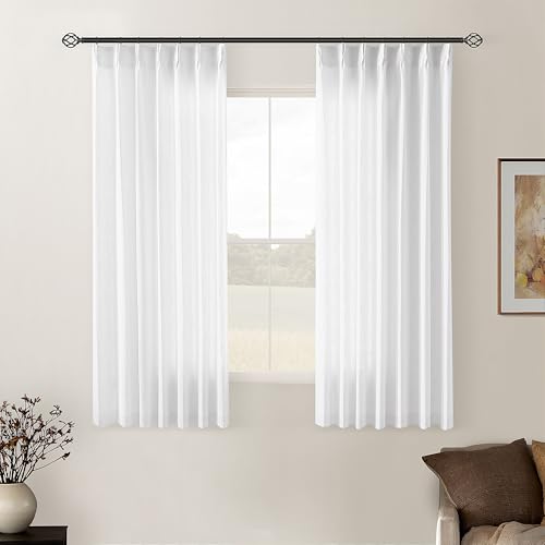 Image of White Short Linen Curtains 45 Inch Length 2 Panel Set for Small Windows Rustic Country Linen Cotton Light Filtering Drapes Privacy Pinch Pleated Back Tab Semi Sheer Kitchen Curtains 45 Inches Long