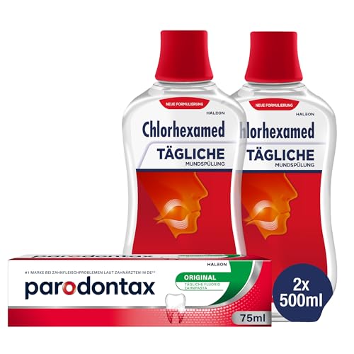 Parodontax tägliche Original Zahnpasta, 1x75ml + Chlorhexamed Tägliche Mundspülung, Effektive Plaquereduktion, 2x500 ml