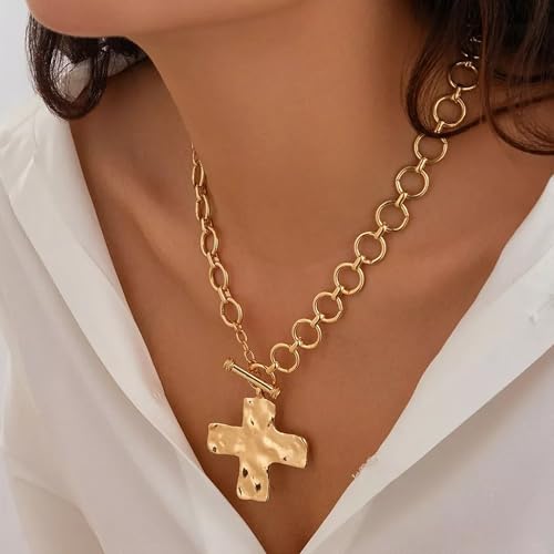 18k Gold Chunky Cross Necklace for Women Hammered Cross Choker Necklaces Bold Statement Necklace Trendy Jewelry3
