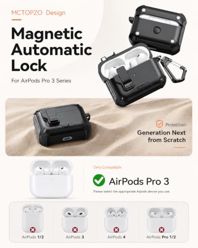 Image of for AirPods Pro 3 Case with Lock (Black) | Compatible with MagSafe,with Phone Stand,with Automatic Snap Switch Carbon Fiber Design Protection Cover with Cleaning Pen