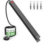 3m Cable 8 Way Power Strip Surge Protector, 8 Way Extension Lead USB C PD20W with Switches, Wall Mount Power Strip with Metal Casing for Home Office Industrial Use, Black, 13A