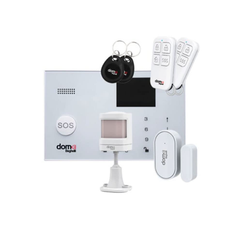 Beghelli - Kit antitrusión Dom-e, Sistema de Alarma inalámbrico Wi-Fi/gsm con batería Anti apagadura, botón SOS, Compatible con Alexa y Google Home, Control vía App y Asistente de Voz, Blanco