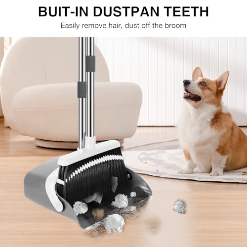 Image of NACENA Broom and Dustpan Set, 52-in Long Adjustable Handle Broom Dustpan Combo with Dustpan Teeth to Automatically Clean Hair Suitable for Home Kitchen Office Hall Floor(Grey&White)