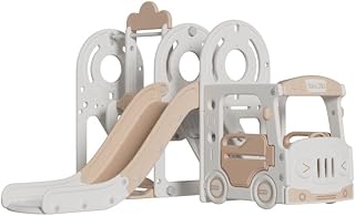4 in 1 Toddler Slide and Swing Set, Kids Freestanding Climber Slide Playset, Bus Themed Baby Slide with Climber, Slide, Swing, Baby Slide for Toddlers Age 1-3 (Color : Coffee)