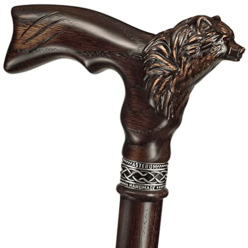 Asterom Unique Carved Walking Cane for Men - Grizzly Bear - Stylish Men's Wood Cane Handmade Walking Stick