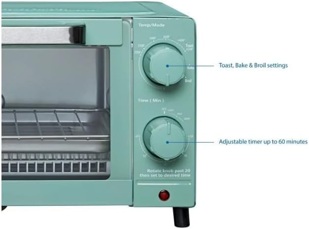 Mainstay Toaster Oven Combo Kitchen Appliances, Fits 9” Pizza, 4 Slice Capacity, Powerful Circulation, Auto Shutoff, Includes Baking Rack Pan Quartz, up to 60 Min, Easy Clean ~ (Sage Green)