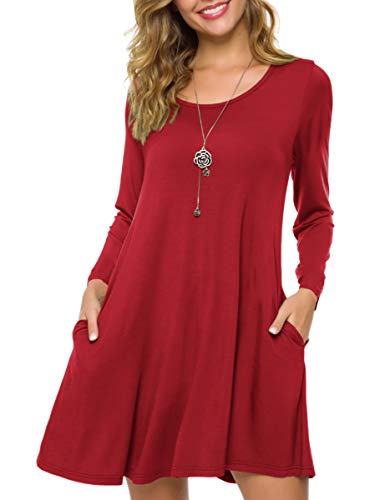ZENNILO Women's Loose Fit Casual Swing T-Shirt Dress with Pockets (Wine Red, 1X)