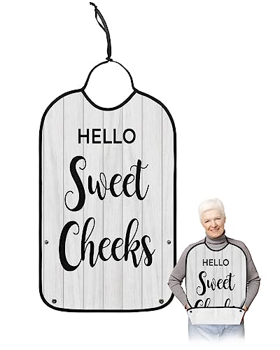 Hello Sweet Cheeks Adult Bibs for Eating, Waterproof Bibs with Food Catcher & Adjustable Snap Closure, Bathroom White Farm Vintage Wood Washable Clothing Protectors Adult Bibs for Elderly Women/Men
