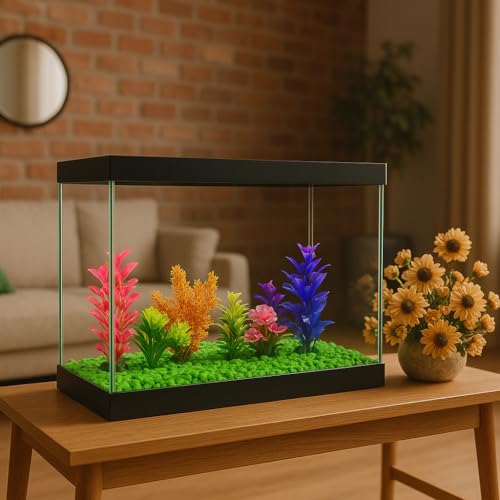 Kit Aquário 10L p/Peixe Betta + Ração + Anticloro + Plantas e Pedras Coloridas p/Decoração (Azul,SEM
