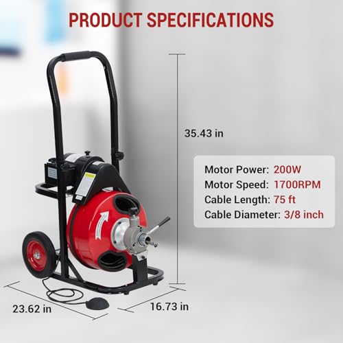 Image of 200W Electric Drain Cleaning Machine with 75' x 3 /8 inch Solid Steel Cable 200W, Automatic Feed Drain Cleaning Machine with 8 Multi-Style Cutters & Shock-Absorbing Wheels for Toilet /Sink /Pipe Clogs