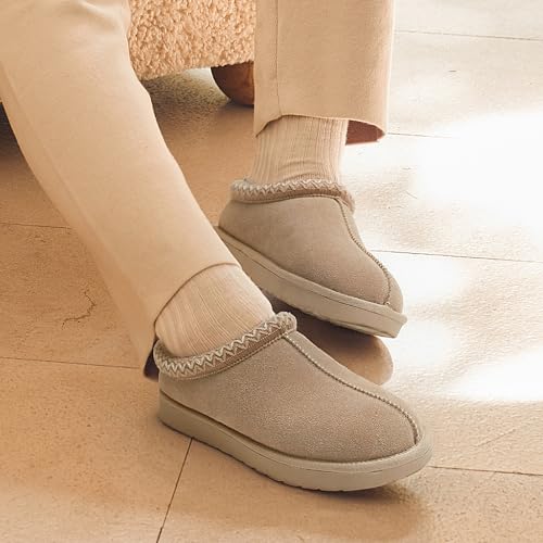 DREAM PAIRS Women's Fuzzy Cozy Slippers Genuine Suede Indoor Outdoor Fluffy Home Comfy Winter Slip On Cute Warm Memory Foam Furry Shoes FuzzyEasy,Size 7W,Sand,SDSL25001W-W