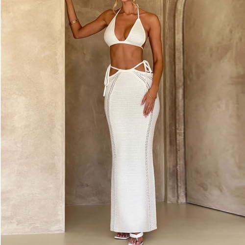 Women's Sexy Backless Slim 2 Piece Swimsuit Beach Bikini Dress Knitted Hollow Out Cover Up Set2
