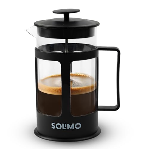 Amazon Brand - Solimo French Press Coffee and Tea Maker | 600ml | Borosilicate Glass with Measurement Markings | 4-Level Filtration | Spill-Proof Spout
