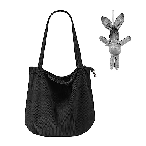 GVSAVY 1 Black Corduroy Bag, With 1 Rabbit Charm, Retro Shoulder Bag, Simple Beach Bag, Casual Large Capacity Shopping Bag