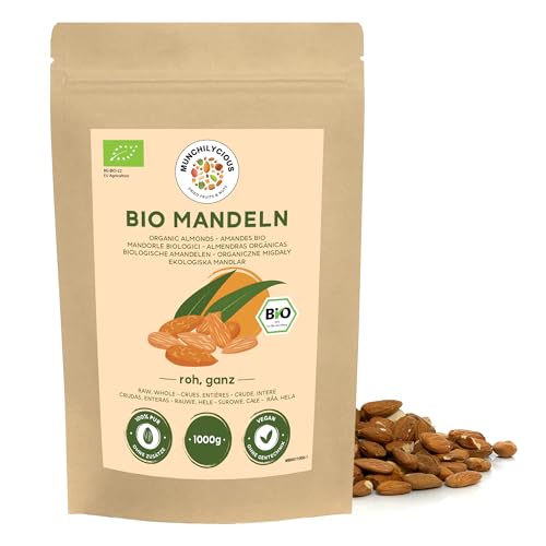 Almendras bio 1kg de Munchilycious, almendras crudas, almendras sin tostar y sin sal, snacks de frutos secos, snacks keto, perfectos para preparar leche de almendras y harina de almendras