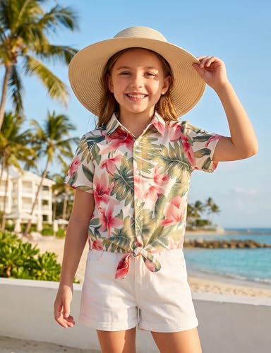 Image of Noomelfish Girls Tie Front Hawaiian Shirt Summer Floral Tropic Short Sleeve Button Down Tops (5-14 Years)