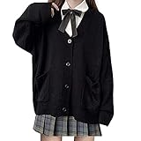 [Eolluka] Vネック スクールカーディガン ニット ウェア セーター トップス 学生 服 制服 学校制服 アウター 無地 羽織 女子 通学 レディー 長袖 ブラック Free Size