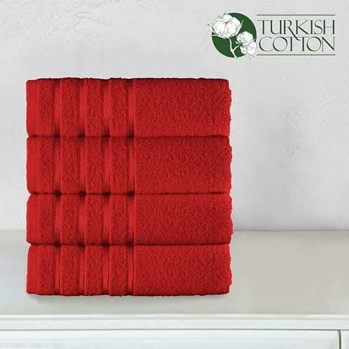 Image of Elegant Comfort 100% Turkish Cotton 4 Lines Viscose Stripe Luxury 4 Pack Hand Towel Set - Ultra Absorbent and Soft 16 x 28 Inch Premium Hotel Spa Quality Towels for Everyday Bath Use, Red