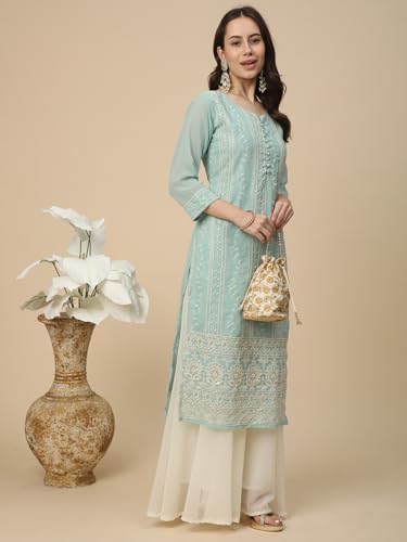 Image of RATAN Women's Georgette Anarkali Lucknowi Chikankari Ethnic Wear Kurta