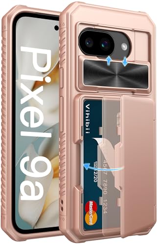 Vihibii for Google Pixel 9a Case Wallet with Card Holder (4 Cards) [RFID Blocking] & Slide Camera Cover & Raised Edges Protect Screen, Shockproof Rugged Phone Cover for Google Pixel 9a 2025, Rose Gold