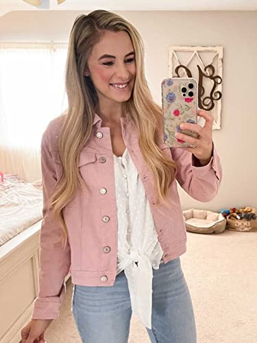 Luvamia Women's Classic Casual Long Sleeves Jacket Basic Button Down Trucker Jacket Coat Jean Jackets For Women Pink Size Medium Fits Size 8 / Size 10 #TOP2