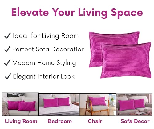 Image of RD TREND Corduroy Cushion Cover Set of 2, Striped Double Sided Decorative Throw Pillowcases for Sofa, Bed & Living Room Rectangular Long Cushion Covers 18x28 inches | Dark Pink