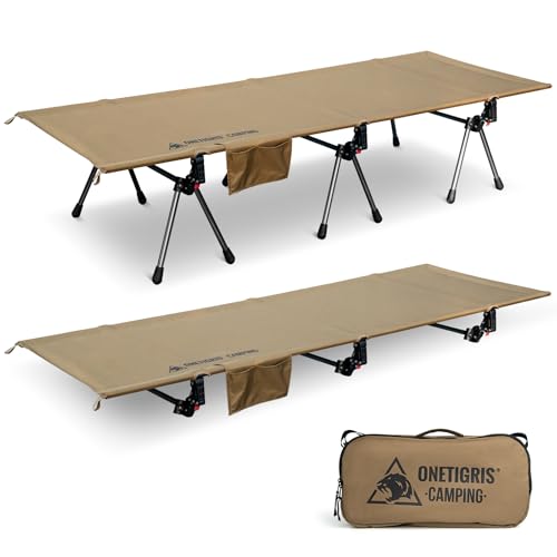 ONETIGRIS SUPRANUBIS Camping Cot, Height Adjustable with Cot Leg Extenders, Strong Support 330lbs, Lightweight Comfortable Folding Bed for Camping, Hiking, Travel, Truck, Beach, Office Nap by ONETIGRIS - Used condition - US$106.93