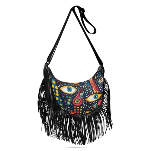 Women Crossbody Bag Fringe Hippie Purses Evil Eyes Pattern Print, Western Tassel Bags with Adjustable Strap Fabric & PU Material2