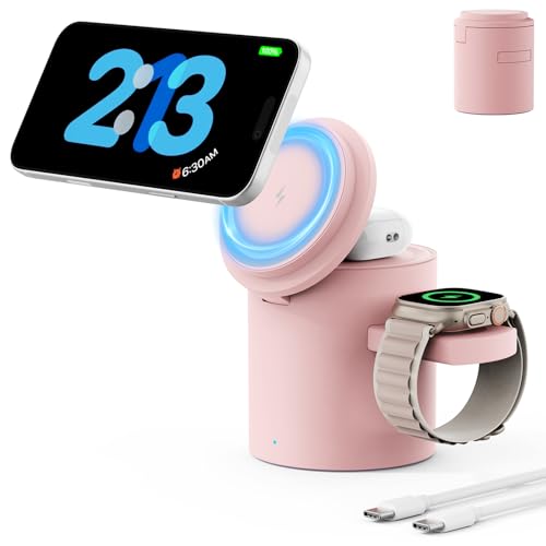 2026 Foldable 3 in 1 Wireless Charging Station,for Apple Magsafe Charger Stand,Fast Magnetic Wireless Charger Station for iPhone 1716 15 14 13 12 Series,Airpods Pro,Apple Watch Ultra Series (Pink)