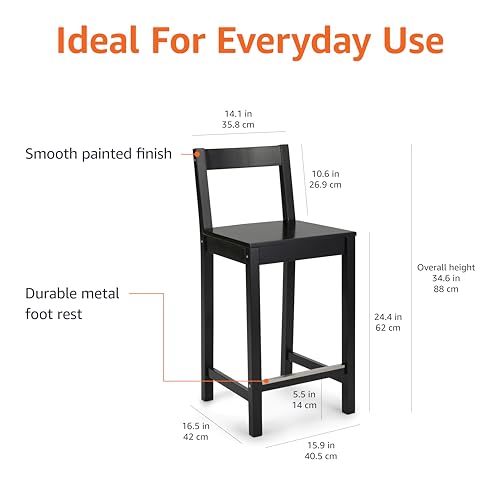 Image of Amazon Basics Wooden Counter Height Bar Stool with Backrest for Kitchen Island, 24 inch, Black, Set of 2