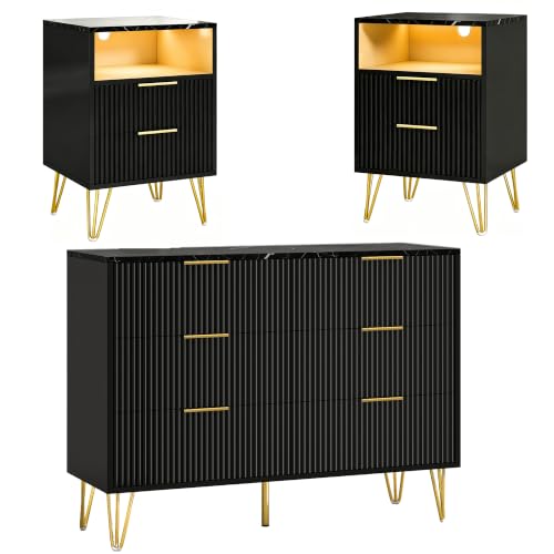Wumagin Moderne 3er-Set Schlafzimmermöbel, Schlafzimmermöbel-Set in Marmor Optik mit 6 Schubladen und 2er-Set Nachttisch mit LED-Beleuchtung (Schwarz)