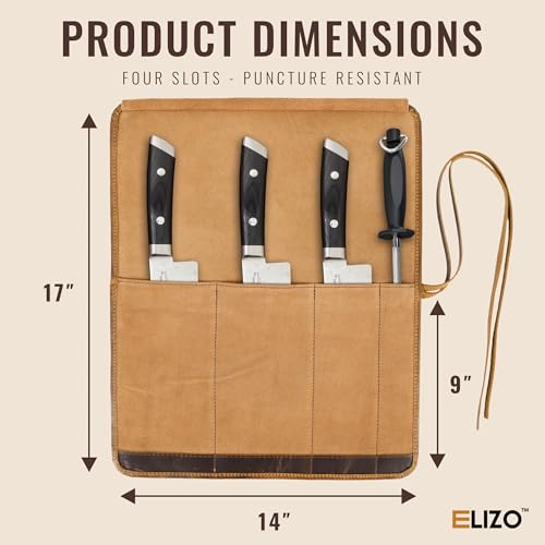 Image of ELIZO Leather Knife Roll Bag Professional Chef Knife Case, Durable Knife Sheath Holder, Cooks & Culinary Tools Carrying Storage, Portable Knife Wrap - 4 Slots