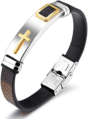 StarLight Cross Religious Bracelets for Men，Stainless Steel and Silicone Leather Men's Cuff Bangle for Teen Boys and Man (Brown 18.5)