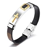 StarLight Cross Religious Bracelets for Men，Stainless Steel and Silicone Leather Men's Cuff Bangle