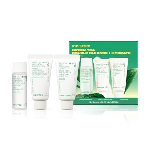 innisfree Mini Double Cleanse + Hydrate Green Tea Trio, Korean Skincare Set with Cleansing Oil, Cleansing Foam, and Green Tea Cream for All Skin Types