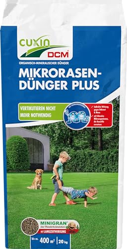 CUXIN DCM Mikrorasen-Dünger Plus - Langzeit Rasendünger - MINIGRAN® TECHNOLOGY - Kein Vertikutieren nötig - organisch-mineralischer NPK-Dünger- 20 KG für 400qm